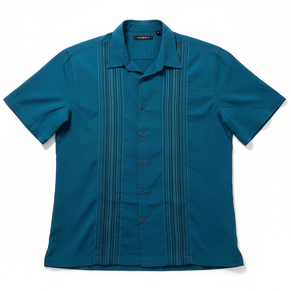 Axist Guayabera Shirt Mens XL Teal Blue Excellent Short Sleeve Pintuck Button Up